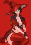  1girl ass black_choker black_gloves black_hair boots breasts choker cleavage fingerless_gloves gloves green-tinted_eyewear guilty_gear guilty_gear_strive hat hitsuji_kusa i-no large_breasts looking_at_viewer mole mole_above_mouth red_background red_footwear red_headwear red_leather red_lips red_theme short_hair sitting sunglasses thigh_boots tinted_eyewear venus_symbol witch_hat 