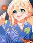  1boy blonde_hair blue_kimono blush bridget_(guilty_gear) food green_eyes guilty_gear guilty_gear_strive highres japanese_clothes kimono long_sleeves looking_to_the_side male_focus medium_hair open_mouth otoko_no_ko print_kimono smile summer_festival takoyaki toothpick yakehanateru yukata 