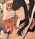  2girls bangs black_eyes black_hair blunt_bangs blurry blurry_background blush breasts cleavage closed_mouth hat highres jakuzure_nonon kill_la_kill kiryuuin_satsuki large_breasts long_hair medium_hair meme multiple_girls pectoral_envy_(meme) peppie_(k0koron) pink_eyes pink_hair portrait shako_cap sidelocks sweat teeth upper_body upper_teeth_only 