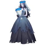  artist_request bare_shoulders blue_dress blue_eyes blue_flower blue_gloves blue_lips blue_nails blue_ribbon bouquet breasts bridal_gauntlets bridal_veil bride closed_mouth corpse_bride_(girls&#039;_frontline) dress expressionless flower flower_request girls&#039;_frontline gloves grey_hair halloween halloween_costume head_wreath holding holding_bouquet layered_dress long_dress long_hair looking_at_viewer medium_breasts nail_polish official_art own_hands_clasped own_hands_together pale_skin parted_bangs ribbon simple_background torn_clothes torn_dress torn_gloves torn_veil transparent_background veil very_long_hair zombie 