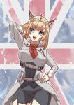  1girl ascot belt blonde_hair blue_eyes cowboy_shot flower grey_belt hand_on_own_hip headgear highres kantai_collection long_sleeves looking_at_viewer military_uniform open_mouth red_ascot red_flower red_rose rodney_(kancolle) rose short_hair smile solo tsun&#039;ichi_(tsun1) uniform union_jack 