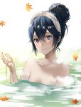  1girl alternate_hairstyle ameno_(a_meno0) bathing blue_eyes blue_hair blush collarbone commentary fire_emblem fire_emblem_awakening flat_chest hair_between_eyes hair_bun leaf lips long_hair looking_at_viewer lucina_(fire_emblem) onsen partially_submerged pink_lips single_hair_bun smile solo symbol-only_commentary towel towel_on_head water 