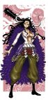  armlet black_hair breasts club_(weapon) coat curled_horns full_body fur_coat genderswap genderswap_(mtf) highres holding holding_weapon horns kaidou_(one_piece) kanabou large_breasts long_hair looking_at_viewer one_piece open_clothes purple_coat rope shimenawa shirt spiked_armlet standing weapon white_shirt yellow_eyes zuberubar 