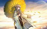  1girl absurdres arknights brown_eyes brown_hair coat commentary dutch_angle highres holding holding_umbrella jia_redian_ruzi_ruzi leaf long_hair long_sleeves muelsyse_(arknights) pointy_ears sky solo standing sunrise umbrella venus_(planet) very_long_hair white_coat wide_sleeves yellow_umbrella 