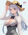  1girl artist_logo breasts brown_eyes brown_headwear cleavage cleavage_cutout clothing_cutout conte_di_cavour_(kancolle) corset dress grey_dress grey_hair haruto_(harut_n) hat kantai_collection large_breasts long_hair long_sleeves one-hour_drawing_challenge smile solo straw_hat two-tone_dress two_side_up 