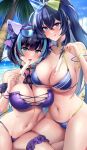  2girls azur_lane bare_shoulders beach bikini black_hair blue_bikini blue_hair blush breasts cheshire_(azur_lane) cheshire_(summery_date!)_(azur_lane) cleavage collarbone food hair_ornament highres large_breasts long_hair looking_at_viewer multicolored_hair multiple_girls navel new_jersey_(azur_lane) new_jersey_(midsummer_leisure)_(azur_lane) official_alternate_costume open_mouth palm_tree ponytail popsicle purple_bikini short_hair smile streaked_hair swimsuit thighs tree two-tone_hair yukinimaru 