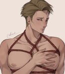  1boy blonde_hair breast_bondage cheekbones collarbone highres jujutsu_kaisen kiwi_scorner large_pectorals male_focus mature_male nanami_kento nipples nude pectorals red_rope rope shibari short_hair sideburns solo undercut upper_body 