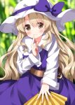  1girl blonde_hair blush bow brown_eyes closed_mouth collared_shirt commentary_request dress folding_fan hair_between_eyes hand_fan hand_up hat hat_bow highres holding holding_fan long_hair long_sleeves looking_at_viewer one-hour_drawing_challenge purple_bow purple_dress purple_skirt ruu_(tksymkw) shirt sidelocks skirt smile solo split_mouth standing touhou very_long_hair watatsuki_no_toyohime white_headwear white_shirt wing_collar 