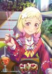  1girl al_aoi_aoba blonde_hair blush bow bowtie braid closed_mouth drinking_straw flower fork gradient_hair hair_flower hair_ornament hair_ribbon holding holding_fork indoors long_hair looking_at_viewer love_live! love_live!_superstar!! multicolored_hair nail_polish onitsuka_natsumi pink_hair red_eyes red_nails red_shirt ribbon sailor_collar shirt sitting smile solo striped striped_shirt sunlight twin_braids upper_body white_flower white_sailor_collar yellow_bow yellow_bowtie yellow_ribbon 