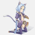  1girl animal_ears blue_hair cat_ears cat_tail closed_mouth feet full_body gloves green_eyes highres kaien_advance long_hair looking_at_viewer low_twintails meracle_chamlotte navel simple_background solo star_ocean star_ocean_the_last_hope tail thighhighs twintails weapon white_background 