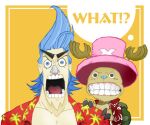  aloha_shirt anthro antlers ayato backpack blue_eyes blue_hair blue_nose clothed clothing deer dialogue duo english_text franky_(one_piece) gums hair hat headgear headwear horn human humor male mammal new_world_deer one_piece open_clothing open_mouth open_shirt open_topwear pattern_clothing pattern_shirt pattern_topwear pink_clothing pink_hat pink_headwear red_clothing red_shirt red_topwear reindeer shirt teeth_showing text thought_bubble tongue_showing tony_tony_chopper topwear 