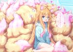  1girl absurdres animal_ear_fluff animal_ears blonde_hair blue_background blue_eyes fluff fox_ears fox_girl hair_between_eyes heart heavy_breathing highres hood hoodie long_hair looking_at_viewer macaroni710 multicolored_hair multiple_tails open_mouth original pink_hair solo spoken_heart tail too_many too_much_fluff translation_request 