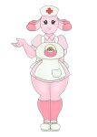  anthro apron big_breasts breasts chansey clothing egg female footwear generation_1_pokemon grey_eyes hat headgear headwear hi_res nintendo nurse_clothing nurse_hat nurse_headwear nurse_uniform pink_body pokeball pokemon pokemon_(species) shoes simple_background smile solo uniform urusee584 white_background 