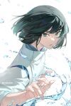  1boy aqua_eyes bishounen black_hair commentary fingernails from_side haku_(sen_to_chihiro_no_kamikakushi) hand_up high_collar highres jacket looking_at_viewer looking_to_the_side parted_lips sen_to_chihiro_no_kamikakushi short_hair simple_background sleeves_past_elbows solo upper_body water water_drop white_background white_jacket xiaojiaju 