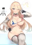  1girl ;q american_flag_bikini bikini blonde_hair blush breasts collarbone elbow_gloves feet_out_of_frame flag_print gloves grey_thighhighs hair_between_eyes iowa_(kancolle) kantai_collection large_breasts long_hair micro_bikini one_eye_closed rensouhou-chan shin_(new) star-shaped_pupils star_(symbol) strap_pull swimsuit symbol-shaped_pupils thighhighs tongue tongue_out 