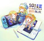  3girls :o :q armor blonde_hair blue_dress chibi closed_eyes copyright_name dated double_v dress full_body fur-trimmed_headwear gauntlets gunner_(sekaiju) gunner_2_(sekaiju) handheld_game_console highres multiple_girls nintendo_ds nintendo_switch paladin_(sekaiju) paladin_2_(sekaiju) pepeko princess_(sekaiju) princess_2_(sekaiju) release_date sekaiju_no_meikyuu sekaiju_no_meikyuu_1 sekaiju_no_meikyuu_2 sekaiju_no_meikyuu_3 sekaiju_no_meikyuu_hd stylus through_screen tiara tongue tongue_out twitter_username v 