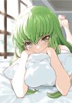  1girl barefoot c.c. closed_mouth code_geass creayus day green_hair hugging_object indoors long_hair looking_at_viewer lying on_stomach pillow pillow_hug solo sunlight window yellow_eyes 