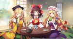  3girls ascot ayamy bad_source black_headwear blush bow breasts brown_hair cape cleavage constellation constellation_print corset cup dango detached_sleeves drinking food frilled_bow frills green_skirt hair_bow hair_tubes hakurei_reimu hakurei_shrine hat holding holding_cup large_breasts long_hair matara_okina mob_cap multiple_girls official_art orange_cape orange_sleeves orange_tabard red_skirt ribbon sitting skirt tabard table tea teapot touhou touhou_lost_word wagashi yakumo_yukari yellow_ascot 