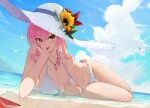  1girl bare_shoulders beach bikini bird breasts cleavage cloud day flower green_eyes hand_on_own_cheek hand_on_own_face hat hat_flower highres horizon idolmaster idolmaster_cinderella_girls jewelry jougasaki_mika large_breasts long_hair looking_at_viewer lying navel ningen_gokko o-ring o-ring_bottom ocean on_side open_mouth outdoors pendant pink_hair sand solo sun_hat swimsuit tongue tongue_out wet white_bikini white_headwear 