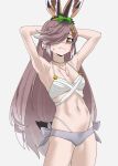  1girl animal_ears armpits arms_behind_head arms_up bare_arms bare_shoulders bikini breasts brown_eyes collarbone commentary cowboy_shot crescent crescent_hair_ornament extra_ears gradient_hair grey_background grey_hair hair_ornament hair_over_one_eye highres jewelry kemono_friends long_hair looking_at_viewer mountain_hare_(kemono_friends) multi-strapped_bikini multicolored_hair navel necklace one_eye_covered rabbit_ears rabbit_girl rabbit_tail simple_background small_breasts solo star_(symbol) star_hair_ornament stomach sweatdrop swept_bangs swimsuit tail tanabe_(fueisei) very_long_hair wavy_mouth white_hair 