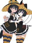  2girls absurdres bird_girl bird_tail bird_wings black_dress black_hair black_headwear black_thighhighs blue_eyes bow bowtie dress frilled_dress frills halloween_costume hat head_wings high_collar highres iwa_(iwafish) japari_symbol kemono_friends multiple_girls orange_bow orange_bowtie orange_thighhighs puffy_short_sleeves puffy_sleeves short_hair short_sleeves superb_bird-of-paradise_(kemono_friends) tail thighhighs two-tone_thighhighs western_parotia_(kemono_friends) wings witch witch_hat wrist_cuffs zettai_ryouiki 