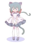  1girl alternate_costume animal_ear_fluff animal_ears apron blush bow cat_ears cat_girl cat_tail closed_mouth commentary constanze_amalie_von_braunschbank-albrechtsberger dress english_commentary enmaided full-face_blush full_body hair_bow highres kemonomimi_mode large_bow little_witch_academia maid orenji_(wholesomeorenji) puffy_short_sleeves puffy_sleeves red_bow shoes short_sleeves standing tail thick_eyebrows white_apron white_background 