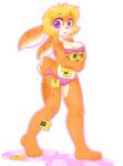  anthro blonde_hair bodily_fluids famicom female floppy_disk fur hair lagomorph leporid lolipoplamb mammal nintendo orange_body orange_fur purple_eyes rabbit solo solo_focus sweat sweatdrop tangobunny 