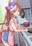  1girl absurdres alternate_costume alternate_hairstyle animal_ears apron blush brown_hair cabbie_hat collarbone cooking cowboy denim denim_shorts filkia from_side hair_ornament hairclip hat highres horse_ears horse_girl horse_tail kitchen long_hair looking_at_viewer matikane_tannhauser_(umamusume) multicolored_hair open_mouth pink_apron ponytail short_sleeves shorts smile solo streaked_hair tail umamusume white_hair 