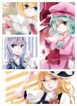  4girls alice_margatroid aqua_brooch aqua_hair aridamikannn ascot black_vest blonde_hair blue_eyes blue_vest border brooch capelet closed_mouth diagonal_stripes frilled_capelet frilled_headwear frills grey_hair hat hat_ribbon highres izayoi_sakuya jewelry kirisame_marisa long_hair maid maid_headdress medium_hair mob_cap multiple_girls nail_polish necktie open_mouth pink_headwear pink_shirt puffy_short_sleeves puffy_sleeves red_ascot red_eyes red_nails red_necktie red_ribbon remilia_scarlet ribbon shirt short_hair short_sleeves striped striped_background touhou turtleneck upper_body vertical_stripes vest white_border white_capelet white_shirt witch_hat wrist_cuffs yellow_eyes 