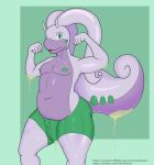  anthro big_butt bulge butt clothing flexing generation_6_pokemon goodra green_clothing green_eyes green_nipples green_underwear hi_res male moobs nintendo nipples pokemon pokemon_(species) purple_body seriftarkus slightly_chubby slime solo thick_thighs underwear 