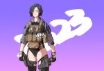  1girl 2023 ammunition_pouch artist_name bare_hips belt black_gloves black_hair black_leotard blue_eyes gloves gradient_background grey_jacket gun handgun holster jacket leotard light_smile makeup mascara original pale_skin pouch purple_background short_hair solo tarola_(xrnl2018) weapon xrnl2018 