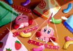  :o aruco_co blue_eyes blush blush_stickers candy candy_wrapper character_name closed_eyes closed_mouth food fruit highres jelly_bean kirby kirby_(series) looking_at_viewer no_humans orange_(fruit) sitting star_(symbol) strawberry 