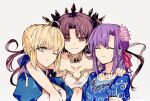  3girls ahoge arm_around_shoulder artoria_pendragon_(fate) black_hair blonde_hair closed_eyes earrings fate/grand_order fate_(series) flower green_eyes hair_flower hair_ornament ishtar_(fate) jewelry juliet_sleeves long_hair long_sleeves matou_sakura multiple_girls necklace one_eye_closed parvati_(fate) puffy_sleeves purple_hair red_eyes saber smile sodamachi 