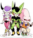  3boys @_@ akame_(chokydaum) arthropod_boy black_sclera black_underwear cell_(dragon_ball) chibi collarbone colored_sclera colored_skin dragon_ball dragon_ball_z frieza high_heels horns insect_wings looking_at_viewer looking_down majin_buu multiple_boys open_mouth pink_skin red_eyes smile super_buu wings 