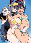  2girls absurdres animal_ears bikini black_hair blush bongfill breasts brown_eyes cleavage covered_nipples fingerless_gloves flat_chest gloves green_bikini grey_hair highres large_breasts long_hair micro_bikini mole mole_under_eye multiple_girls navel open_mouth original parted_lips purple_eyes rabbit_ears rabbit_girl rabbit_tail short_hair smile swimsuit tail tank_(bongfill) teeth upper_teeth_only white_gloves yellow_bikini 