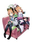  2girls absurdres animal_ear_headphones animal_ears anizi black_thighhighs blonde_hair blue_archive blue_bow blue_necktie bow cat_ear_headphones commentary_request couch fake_animal_ears green_eyes hair_bow halo handheld_game_console headphones highres holding holding_handheld_game_console jacket long_sleeves looking_at_viewer midori_(blue_archive) momoi_(blue_archive) multiple_girls necktie on_couch open_mouth pink_eyes red_bow short_hair siblings simple_background sisters sitting tail thighhighs twins white_background white_jacket 