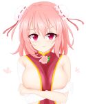  1girl areola_slip bandaged_arm bandages blush breasts bun_cover commentary_request covering covering_breasts double_bun flower hair_between_eyes hair_bun heart highres ibaraki_kasen large_breasts long_bangs looking_at_viewer medium_hair naked_tabard open_mouth pink_flower pink_hair pink_rose red_eyes red_tabard rose shunki simple_background solo sweatdrop tabard touhou upper_body white_background 