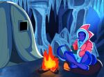  2018 3_toes anthro beverage blue_body blue_scales blue_skin bottomless breasts campfire cave cavern clothed clothing coat coat_only crossed_legs dark eyes_closed feet fire flaccid frozen genitals gynomorph handwear herm_(lore) ice ice_cave ineffective_clothing intersex jacket jacket_only june_(justathereptile) justathereptile komodo_dragon lizard mittens monitor_lizard mug non-mammal_breasts outside parka penis pillow reptile scales scalie scutes smile solo tail tea tent toes topwear topwear_only watermark wood 