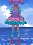  1girl arms_at_sides back_cutout blue_sky bow bow_choker bubble_skirt choker clothing_cutout cloud cloudy_sky dress footwear_bow frilled_skirt frilled_socks frills from_behind gloves hair_bow heart_cutout high_heels highres kaname_madoka kneehighs legs_apart magical_girl mahou_shoujo_madoka_magica mahou_shoujo_madoka_magica_(anime) mariaapham miniskirt on_water petticoat pink_dress pink_hair puffy_short_sleeves puffy_sleeves red_bow red_choker red_footwear short_dress short_hair short_sleeves skirt sky socks solo square_neckline standing standing_on_liquid twintails white_gloves white_skirt white_sleeves white_socks 