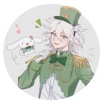  1boy :d artist_name boleum_(dgrpluna) bow bowtie brown_eyes danganronpa_(series) danganronpa_2:_goodbye_despair dress_shirt gloves green_bow green_bowtie green_headwear grey_gloves grey_hair hair_between_eyes heart highres komaeda_nagito medium_hair messy_hair open_mouth shirt smile solo teeth upper_body upper_teeth_only white_shirt 