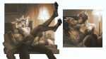  anthro bottomwear breast_grab breasts butt canid clothed clothing duo female hand_on_breast hi_res inside kissing legwear male male/female mammal monochrome narrowed_eyes nipples open_mouth pants plgdd sepia topless unknowhiter 