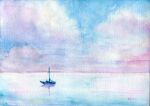  amima_amita blue_sky boat cloud cloudy_sky day highres horizon no_humans ocean original painting_(medium) sail sky traditional_media water water_world watercolor_(medium) watercraft 