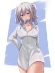 1girl alternate_costume blue_background breasts cleavage commentary_request condom condom_in_mouth cowboy_shot green_eyes grey_hair hair_between_eyes hand_on_own_hip highres kantai_collection kashima_(kancolle) lanthan long_sleeves medium_breasts medium_hair mouth_hold naked_shirt shirt solo twintails white_background 