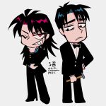  2boys artist_name bags_under_eyes black_bow black_bowtie black_eyes black_hair black_jacket black_pants blazer blue_shirt bow bowtie chibi collared_shirt commentary_request dated formal frown full_body grin hammer highres holding holding_hammer ichijou_seiya jacket kaiji long_hair long_sleeves looking_at_viewer male_focus medium_bangs multiple_boys murakami_tamotsu one_eye_closed pants red_eyes red_hair shirt simple_background smile standing suit unknown03162 white_background 