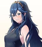  1girl alternate_costume ameno_(a_meno0) bare_shoulders blue_eyes blue_hair blue_shirt blush breasts commentary_request fire_emblem fire_emblem_awakening grin hair_between_eyes jewelry long_hair looking_at_viewer lucina_(fire_emblem) medium_breasts parted_lips shirt simple_background sleeveless sleeveless_shirt smile solo tiara turtleneck very_long_hair white_background 