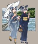  absurdres alternate_costume bag belt bird_girl bird_tail bird_wings black_kimono blonde_hair blue_belt blue_socks blush borrowed_character cellphone geta green_eyes grey_hair grey_heron_(kemono_friends)_(mita_98_) grey_kimono hair_between_eyes handbag head_wings highres japanese_clothes japanese_cormorant_(kemono_friends) kemono_friends kimono looking_at_viewer multicolored_hair obi original parasol phone sash short_hair sidelocks smartphone socks tail toriny umbrella white_hair wings yellow_belt yellow_eyes yellow_socks 