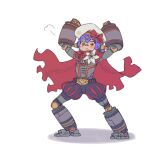  1girl android arms_up beret black_shorts blush cape closed_mouth commentary full_body grey_headwear hair_between_eyes hat looking_at_viewer poppi_(xenoblade) puffy_shorts purple_hair red_cape red_eyes reiesu_(reis) shadow shorts simple_background solo standing torn_cape torn_clothes v-shaped_eyebrows white_background xenoblade_chronicles_(series) xenoblade_chronicles_2 
