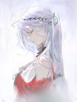  1girl arknights closed_eyes crown detached_sleeves dress facing_down fish_hair_ornament hair_ornament highres long_hair long_sleeves parted_lips red_dress shijiubashuazi skadi_(arknights) skadi_the_corrupting_heart_(arknights) solo upper_body very_long_hair white_hair 