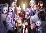  6+girls absurdres akagi_(azur_lane) animal_ears ayanami_(azur_lane) azur_lane bare_shoulders belfast_(azur_lane) bent_over black_necktie black_shirt black_skirt blue_gemstone bouquet breasts brown_dress brown_hair buttons cake cleavage collared_shirt commander_(azur_lane) crown detached_collar double-breasted dress elbow_gloves enterprise_(azur_lane) envelope epaulettes flower food gem gloves gold_trim green_eyes grey_hair hair_between_eyes hanging_breasts hat headgear highres holding holding_bouquet holding_cake holding_envelope holding_food holding_stuffed_toy horns huge_breasts illustrious_(azur_lane) indoors javelin_(azur_lane) kaga_(azur_lane) kitsune large_breasts leaning_forward light_brown_hair long_hair looking_at_another maid_headdress medium_breasts medium_hair mikasa_(azur_lane) mini_crown mole multiple_girls necktie one_eye_closed open_mouth peaked_cap purple_eyes purple_hair red_eyes red_flower red_rose roon_(azur_lane) rose sagging_breasts seele0907 shirt short_hair skirt sleeveless sleeveless_shirt stuffed_toy stuffed_unicorn sun_hat thighhighs tri_tails unicorn_(azur_lane) very_long_hair white_dress white_gloves white_hair white_headwear white_shirt white_thighhighs yellow_eyes 