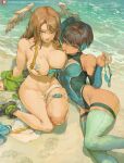  2girls arm_support bare_shoulders beach bikini bikini_bottom_removed bikini_top_only black_hair blue_eyes blue_hair blue_one-piece_swimsuit blue_thighhighs bottomless breast_tattoo breasts brown_hair chest_jewel choker cleavage cleavage_cutout closed_mouth clothing_cutout cutesexyrobutts eunie_(xenoblade) footprints grey_eyes hair_intakes hand_up head_wings highleg highleg_swimsuit highres holding holding_clothes holding_swimsuit large_breasts long_hair looking_at_viewer lying medium_breasts micro_bikini mouth_hold multicolored_hair multiple_girls narrow_waist navel on_ground on_side one-piece_swimsuit open_mouth patreon_username sand sena_(xenoblade) shore short_hair side_ponytail sitting skindentation strap_gap streaked_hair swept_bangs swimsuit tattoo thighhighs thighs water white_bikini white_wings wide_hips wings xenoblade_chronicles_(series) xenoblade_chronicles_3 